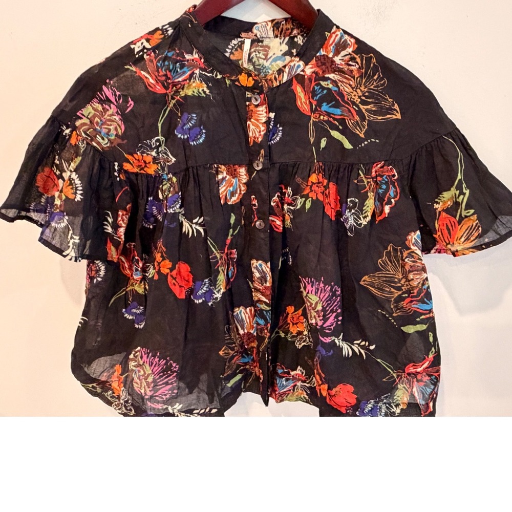 Free People Floral Cotton Button Front Ruffle Sleeve Boho Blouse Black‎ Small